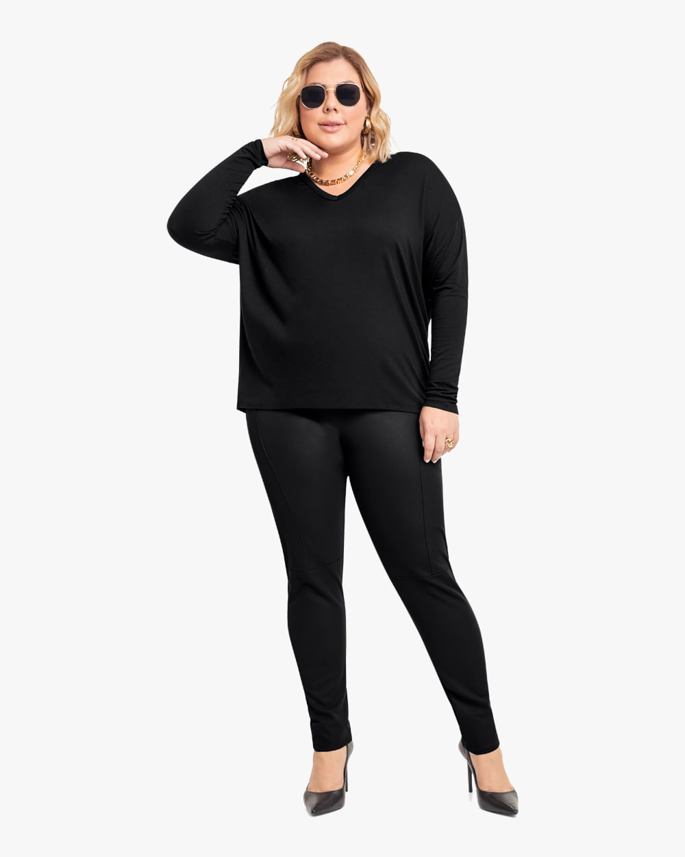 Blusa Plus Size Manga Longa em Viscose Cereja Rosa Preto