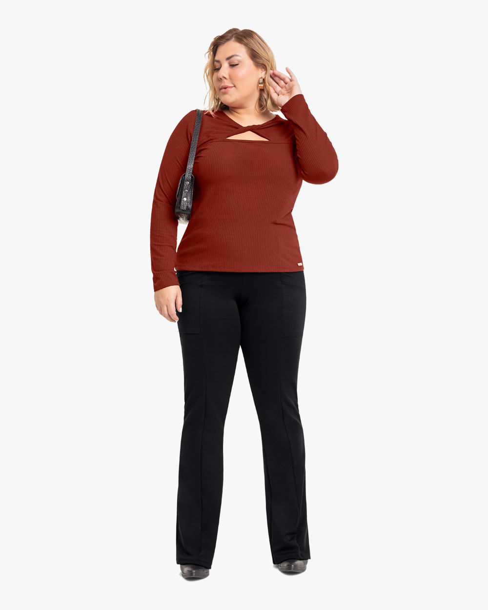 Calça Flare Plus Size  em Malha Montaria Cereja Rosa Preto