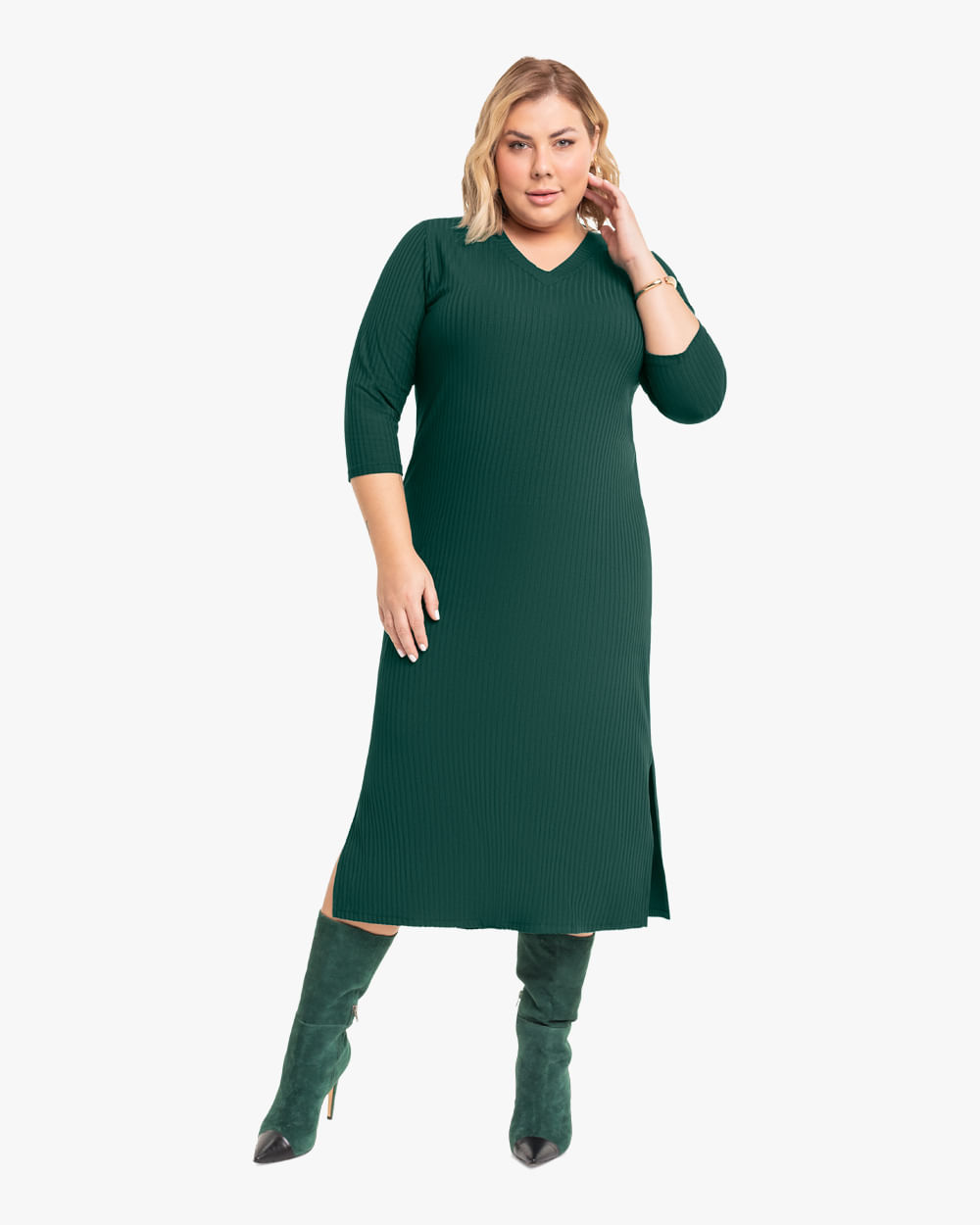 Vestido Midi Plus Size Manga 3/4 Cereja Rosa Verde