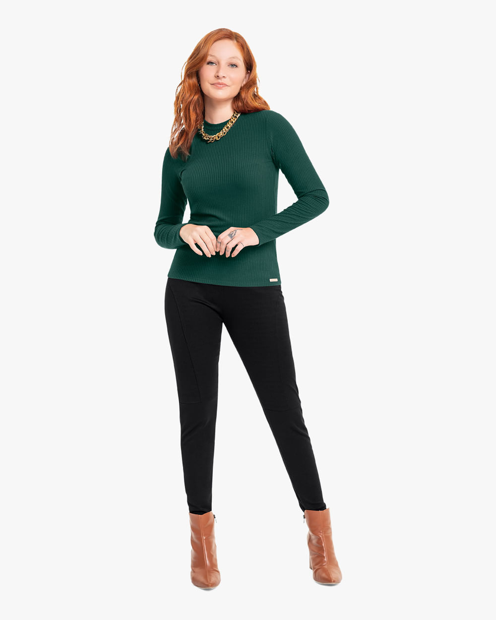 Blusa Básica Feminina Manga Longa Canelada - Cereja Rosa - Verde Floresta