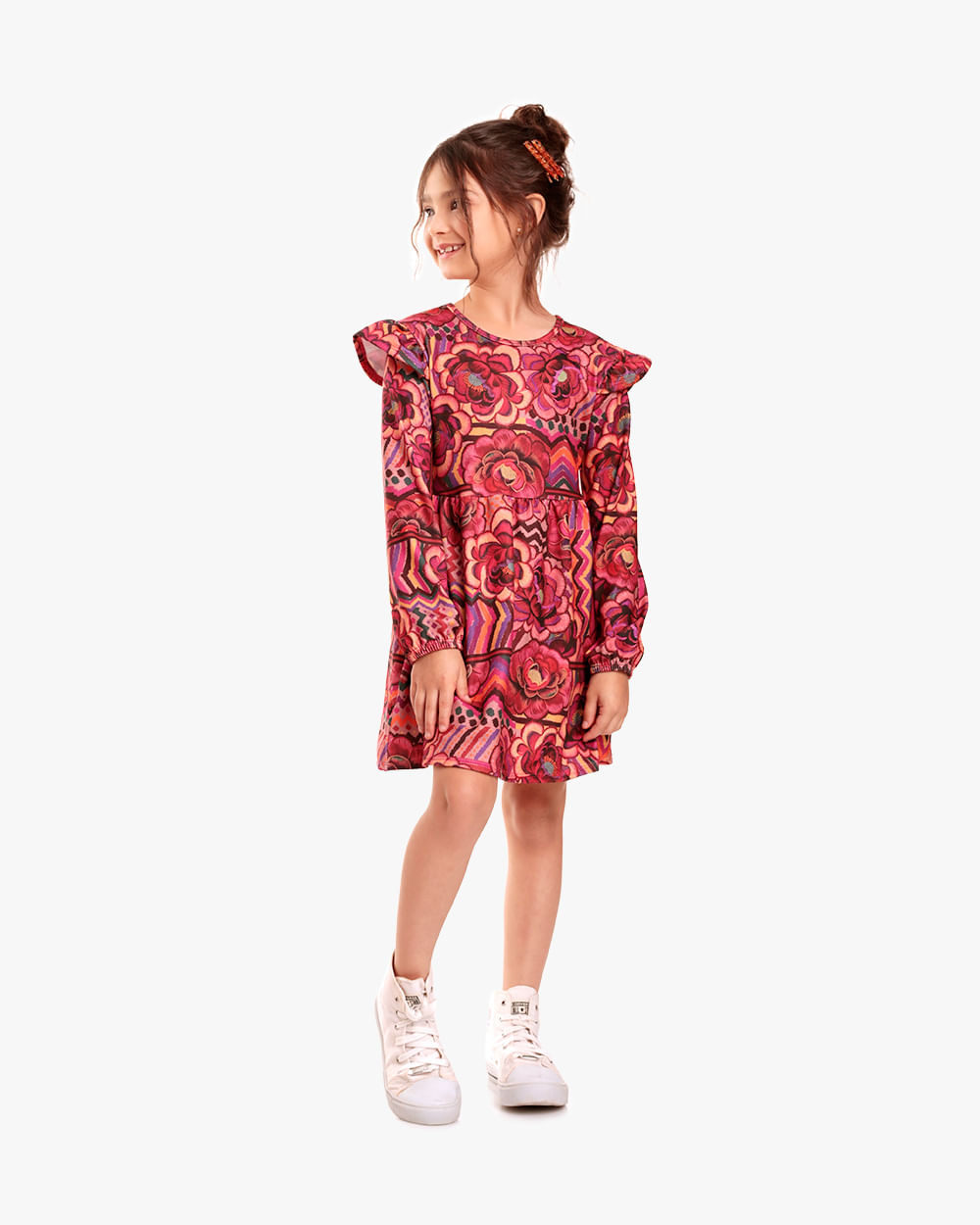 Vestido Infantil Menina Manga Longa Estampado - Kely Kety - Rosa Caramelo