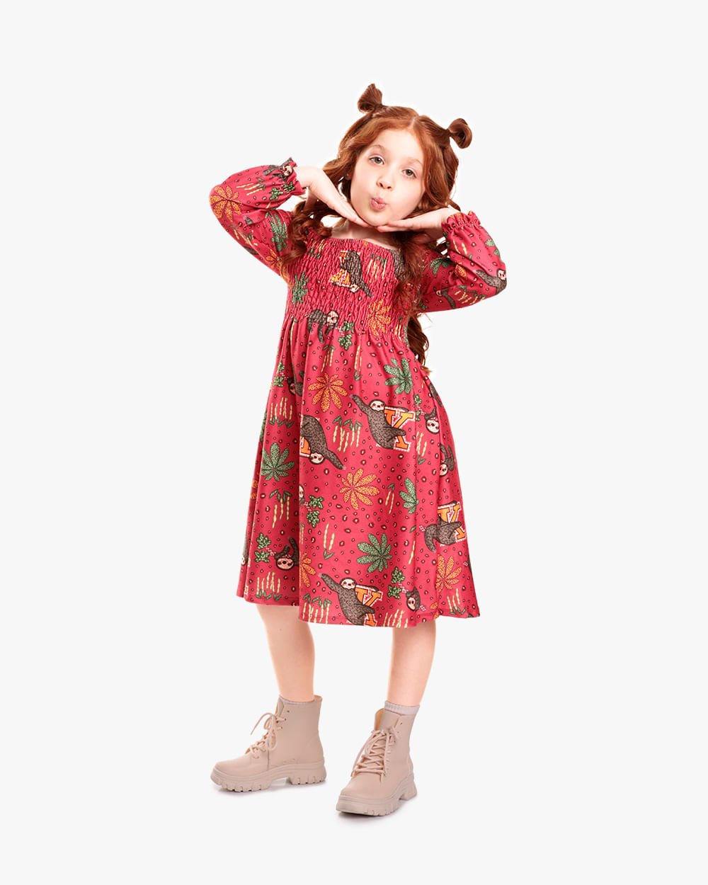 Vestido Infantil Menina Estampado com Manga Longa - Kely Kety - Wine