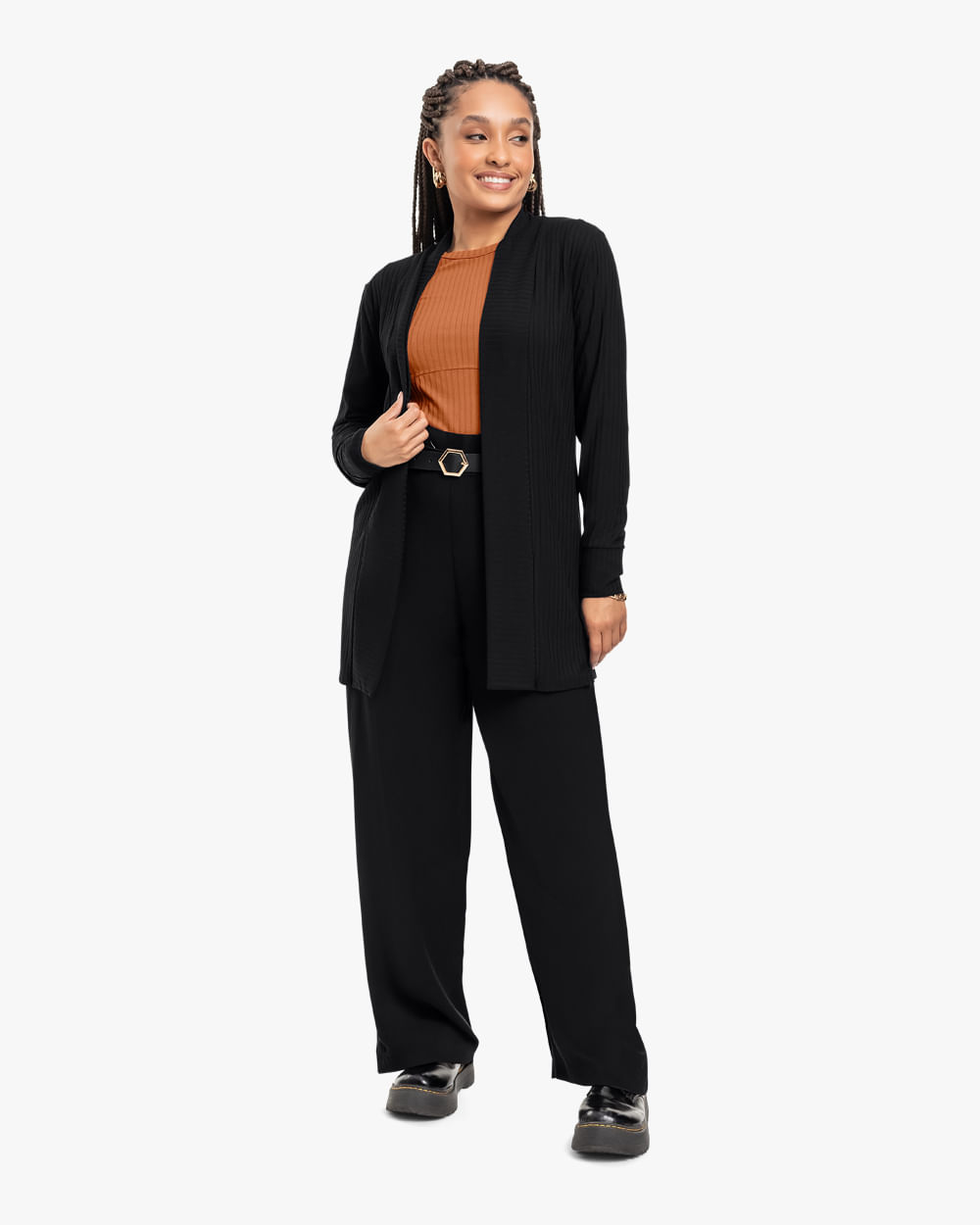 Cardigan Feminino Alongado em Viscose Canelada - Cereja Rosa - Preto