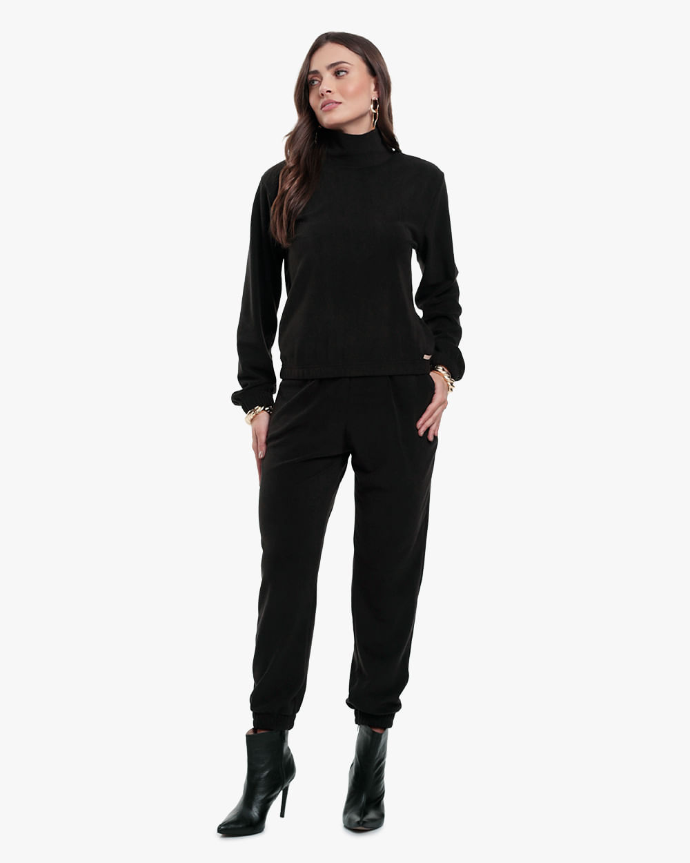 Calça Jogger Feminina em Pelo Aveludado - Cereja Rosa - Preto