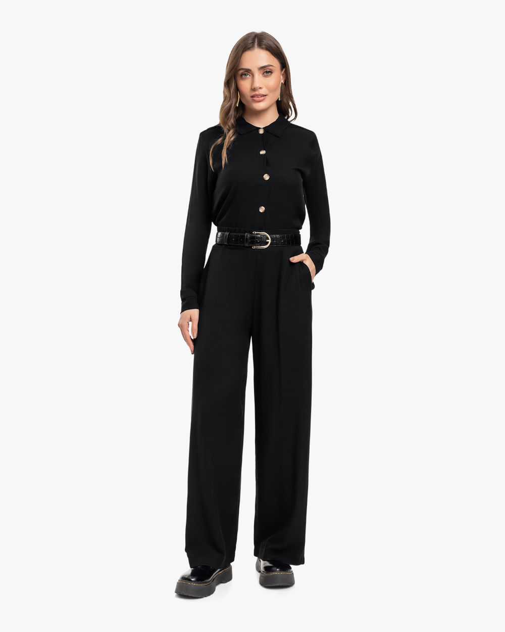 Camisa Feminina Manga Longa em Viscose - Cereja Rosa - Preto