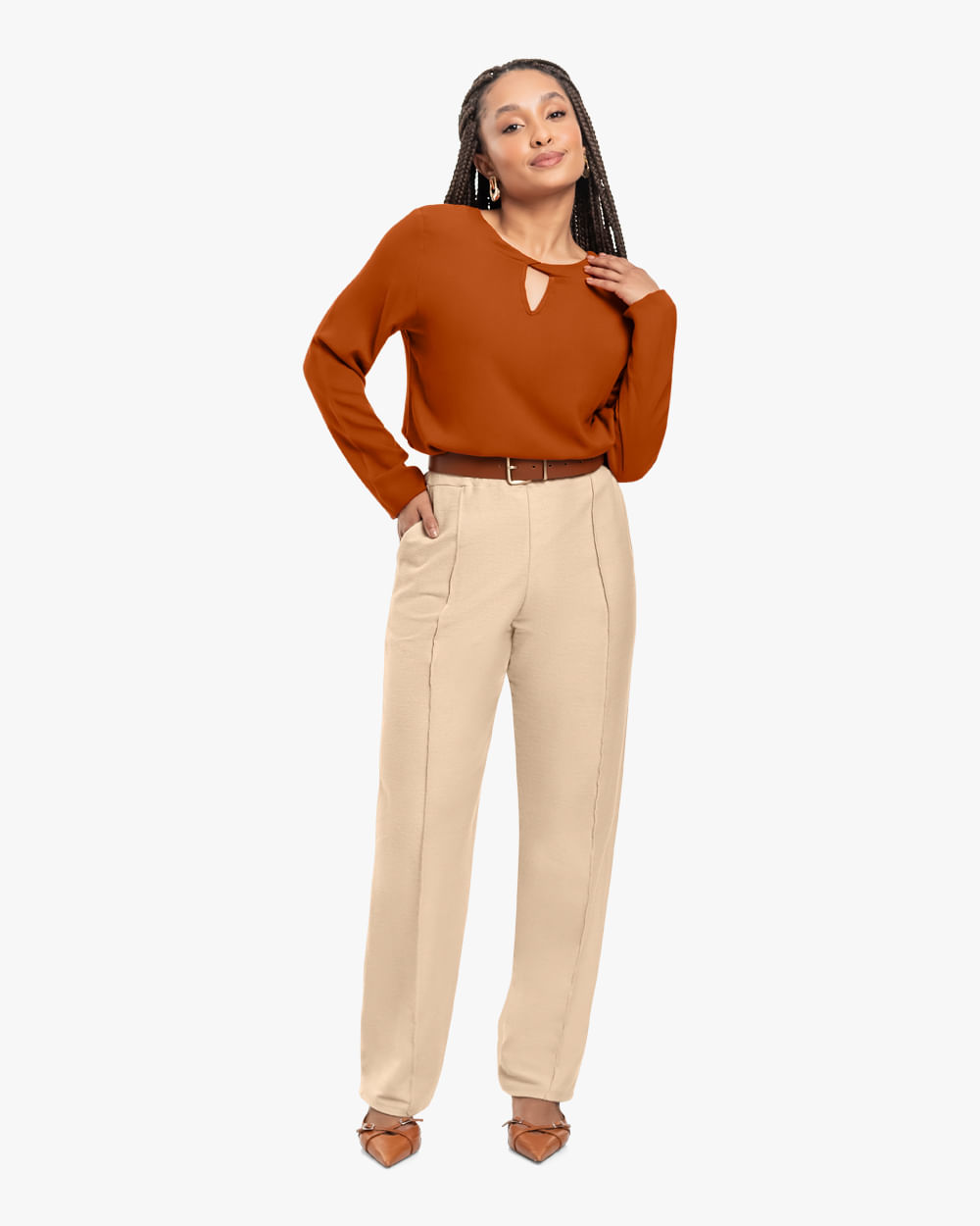 Blusa Feminina Manga Longa em Viscose com Amarração - Cereja Rosa - Terracota
