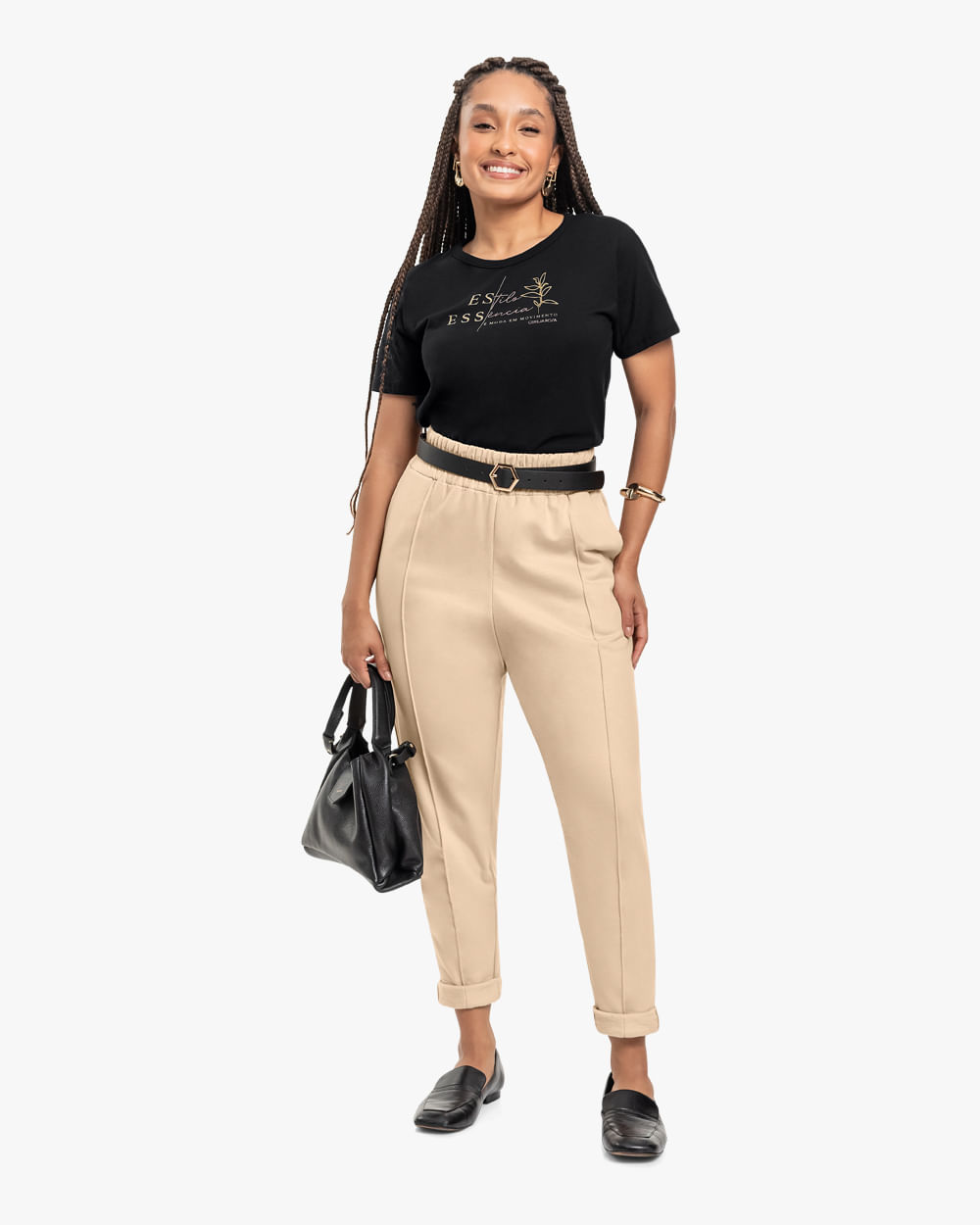 T-shirt Feminina em Peia Palha com Estampa - Cereja Rosa - Preto