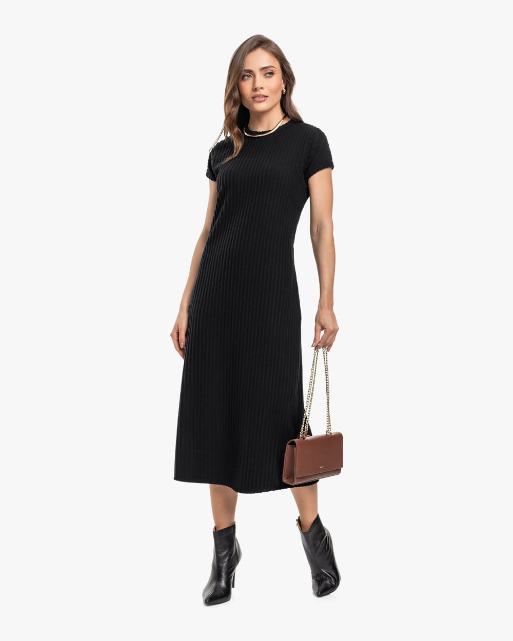 Vestido Midi em Canelado Aveludado Manga Curta - Cereja Rosa - Preto