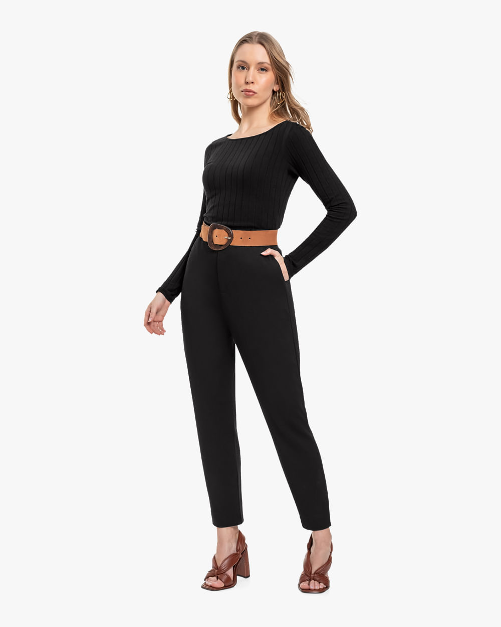 Blusa Feminina Manga Longa em Cotton Canelado - Cereja Rosa - Preto