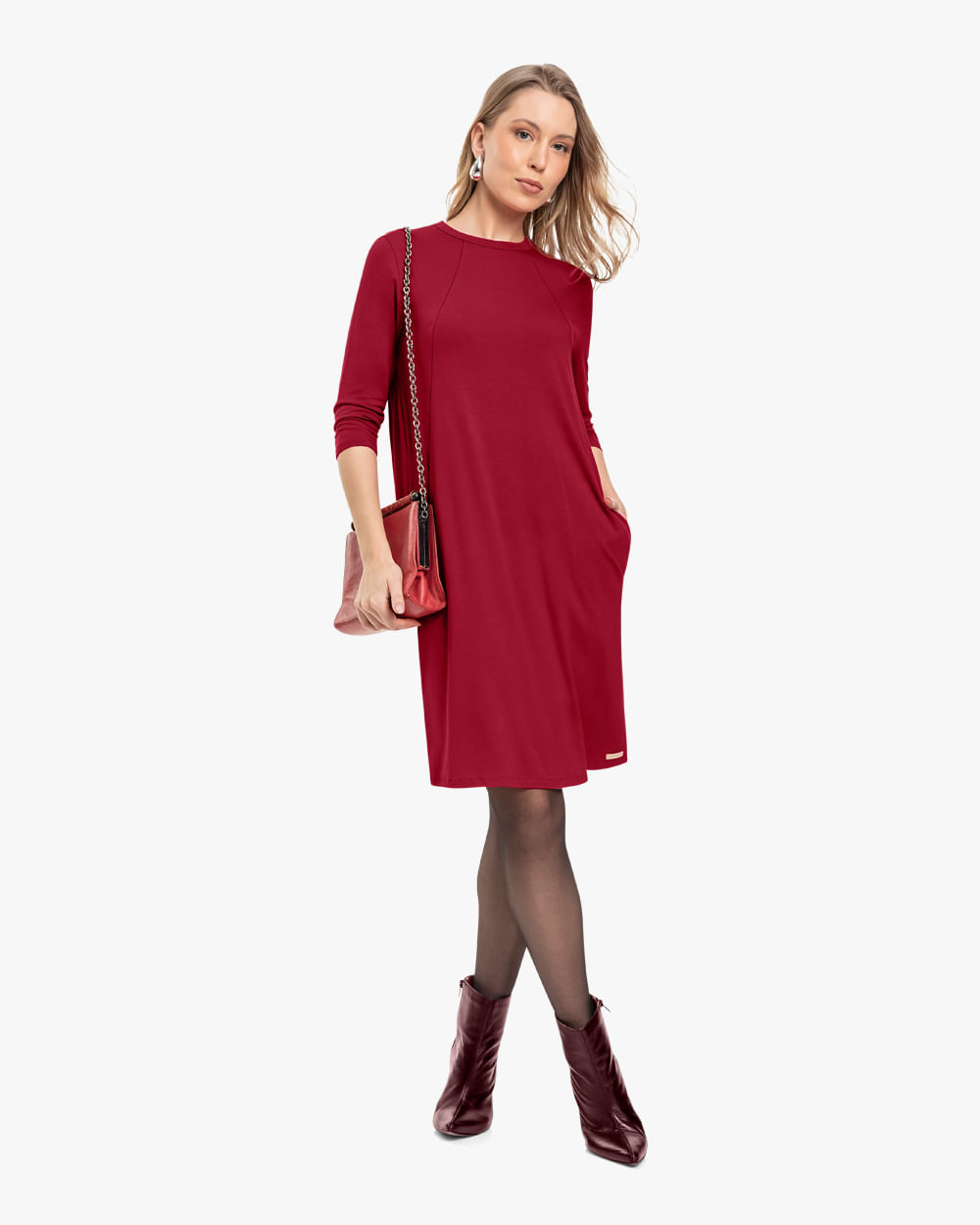 Vestido Curto Manga 3/4 em Malha Crepe - Cereja Rosa - Preto