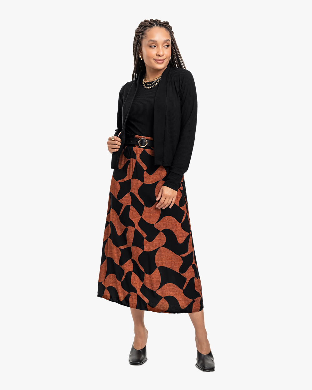 Saia Midi Feminina Estampada em Tecido Olano - Cereja Rosa - Ocre