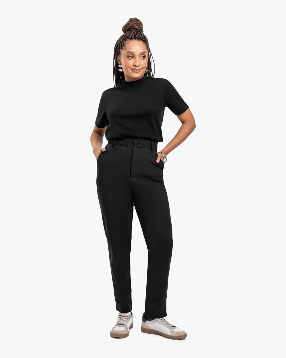 Blusa Feminina Manga Curta com Gola Alta - Cereja Rosa - Preto