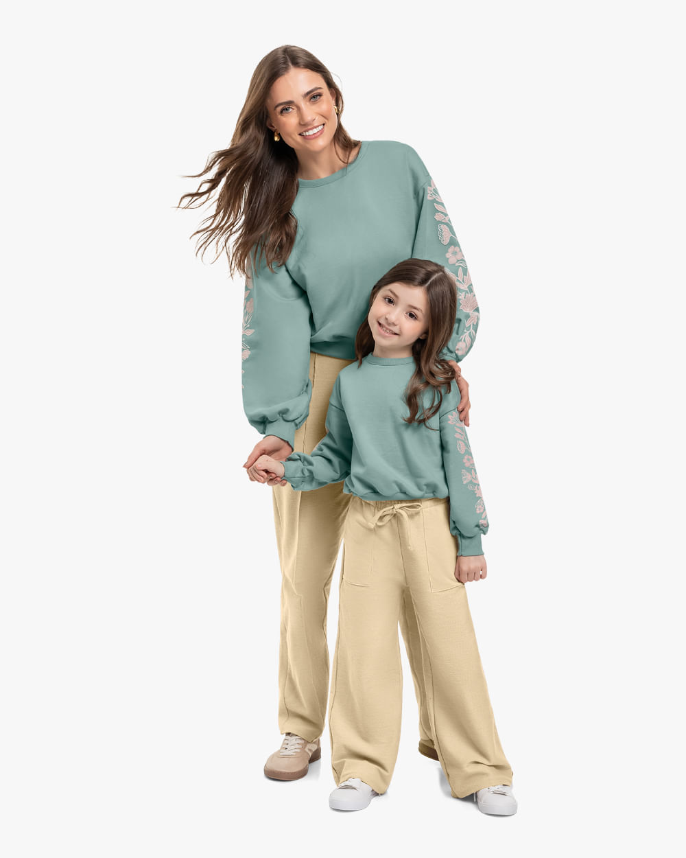 Blusão Moletom com Estampa Relevo Tal Mãe Tal Filha - Cereja Rosa - Verde Bamboo